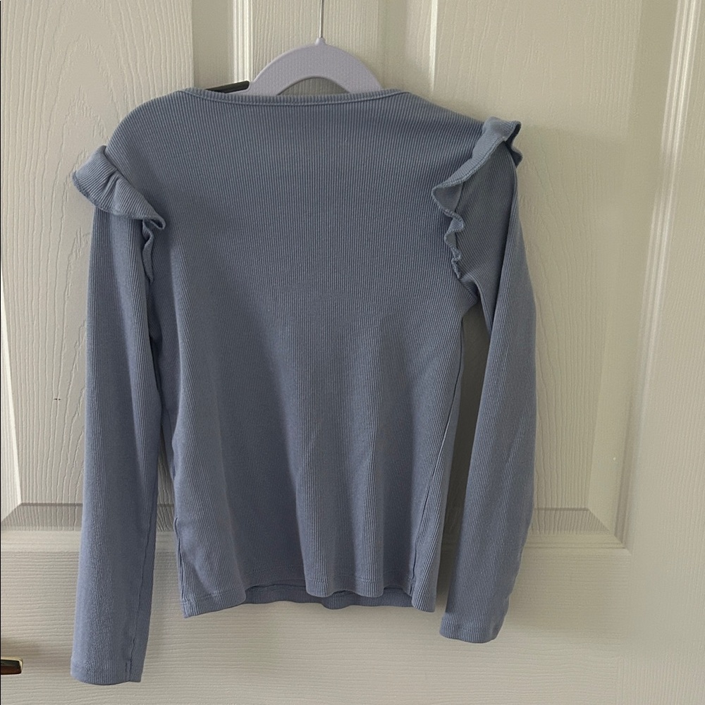 H&M Girls Blue Flounce-Trimmed Ribbed Top - Size 6X/7 - Picture 4 of 4
